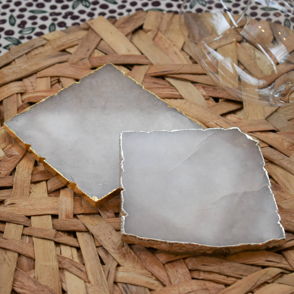 Cloudy Quartz Square Coasters with Silver Trim, Set of 4