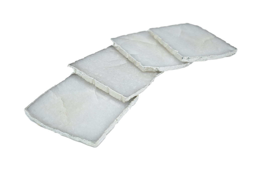 Cloudy Quartz Square Coasters with Silver Trim, Set of 4