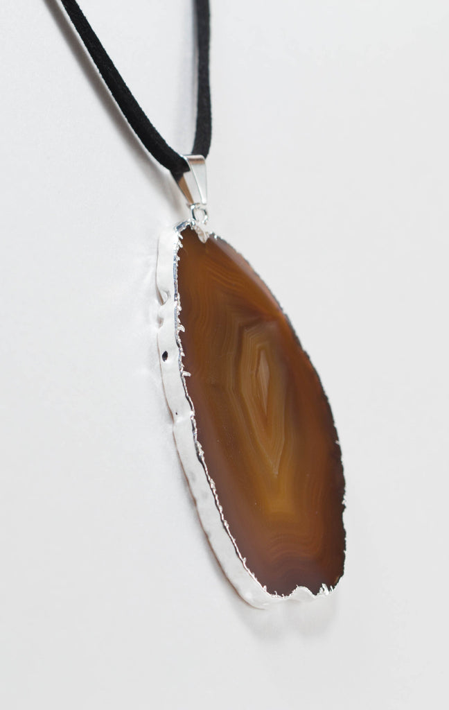 Silver Electroplated Agate Slice on Leather Necklace 
