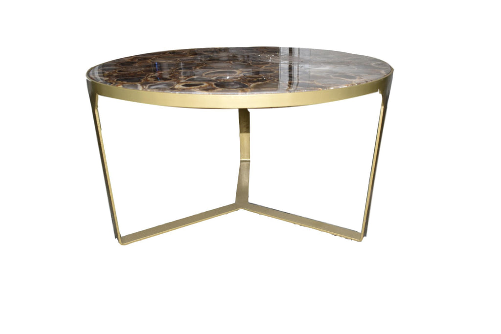 Round Agate Composite Coffee Table with Powdered Gold Trim 