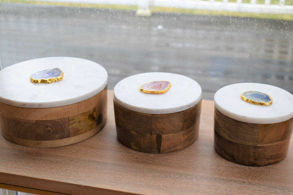 Round Wooden Box with Marble Lid