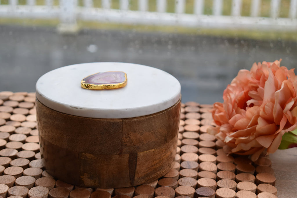 Round Wooden Box with Marble Lid 