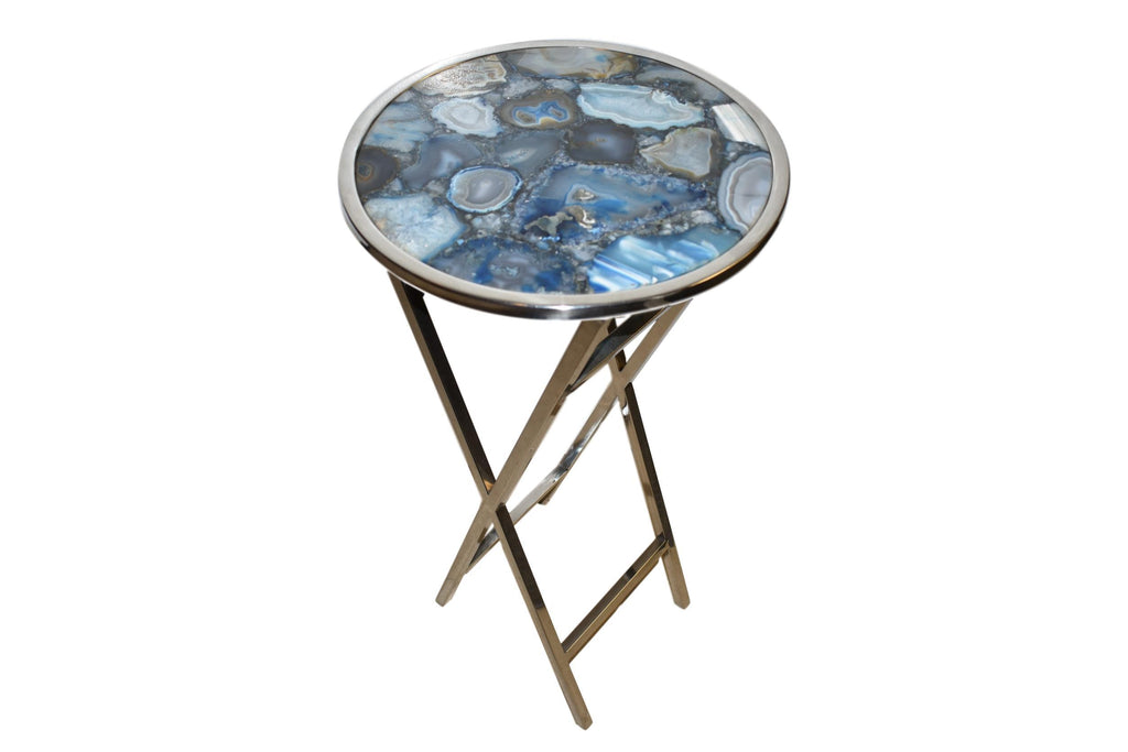 14" Round Pastel Blue Agate Composite Side Table with Polished Steel Trim 