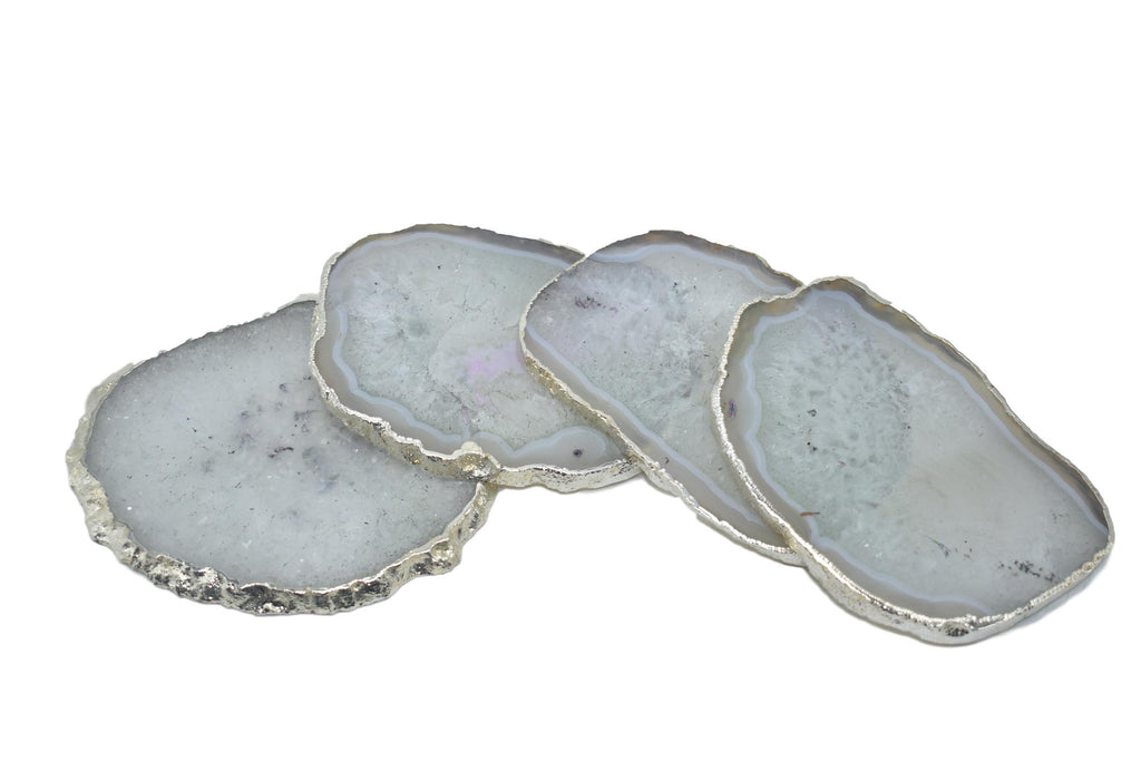 Natural White Agate Gnarled Coasters with Silver Trim, Set of 4 