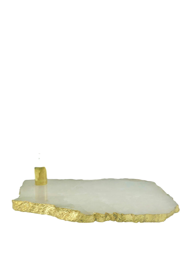 Rose Quartz Serving Platter Candle Holder with Gold Trim 