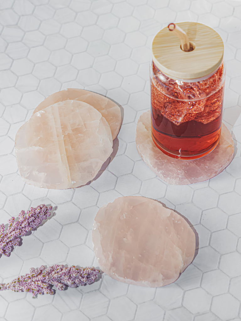 Rose Quartz Coasters with Natural Trim, Set of 4