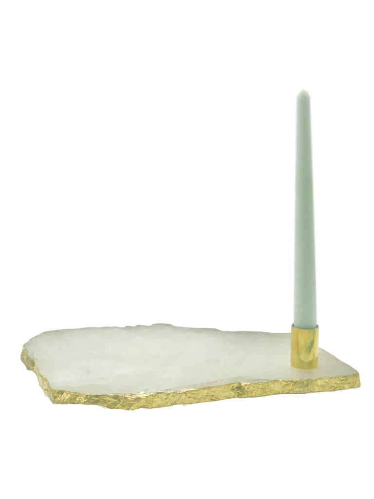 Rose Quartz Serving Platter Candle Holder with Gold Trim 
